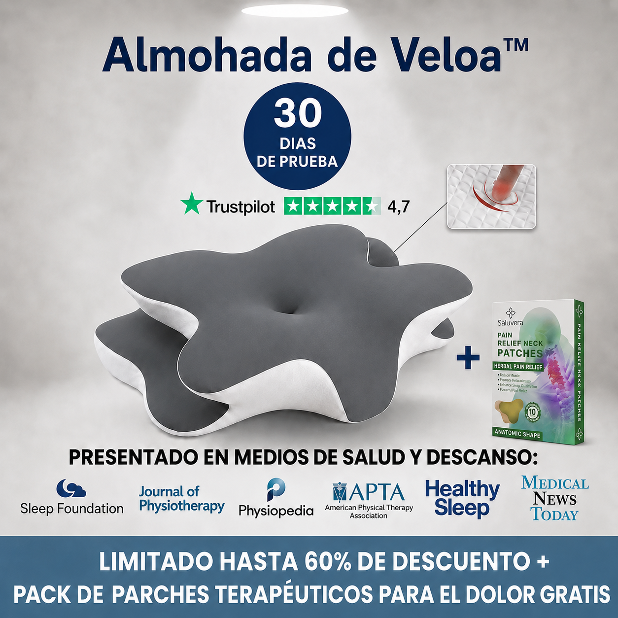 Almohada Cervical Viscoelástica GRIS + Pack De Parches Para Aliviar Dolor ¡(GRATIS)!